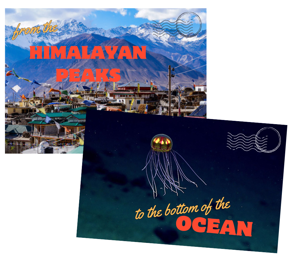 Postcards for the Himalayan Mountains and the Mariana Trench.