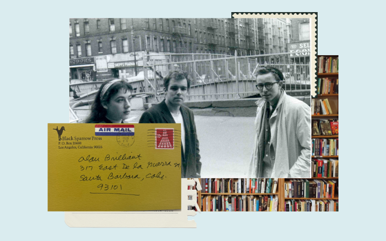 A young Al Brilliant is photographed and collaged with photos of his bookshelves and a letter addressed to him.