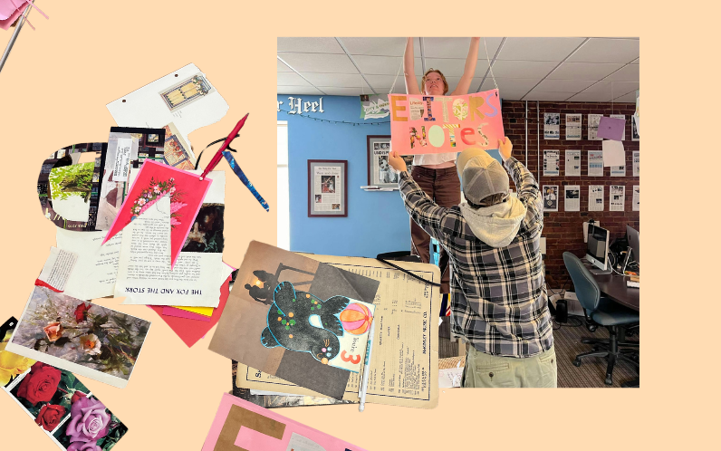 Eliza hangs up a pink sign reading "Editors' Notes," collaged with paper used to make it.