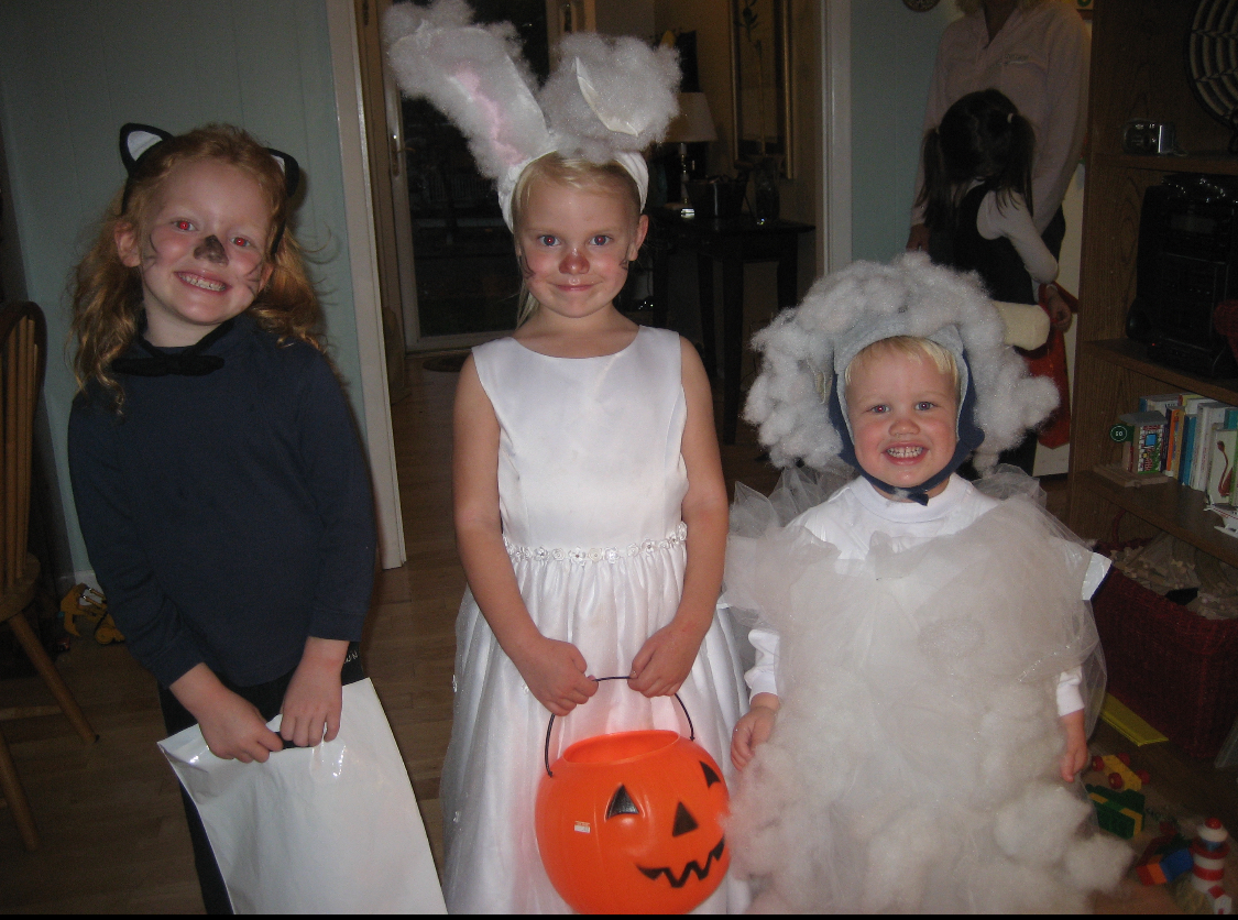 Eliza, dressed as a cat, and Psalter, dressed as a bunny, pose with their brother Jacob, dressed as a sheep.