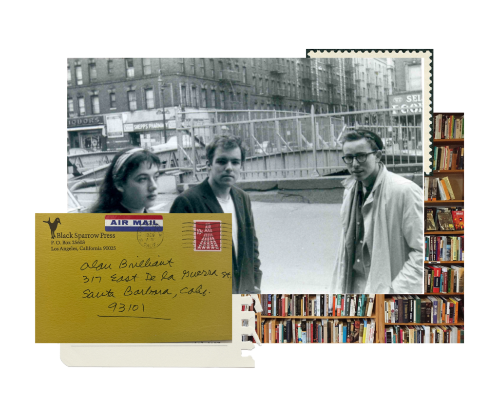 A photo of Al Brilliant is collaged with a picture of his bookshelves and a letter addressed to him.